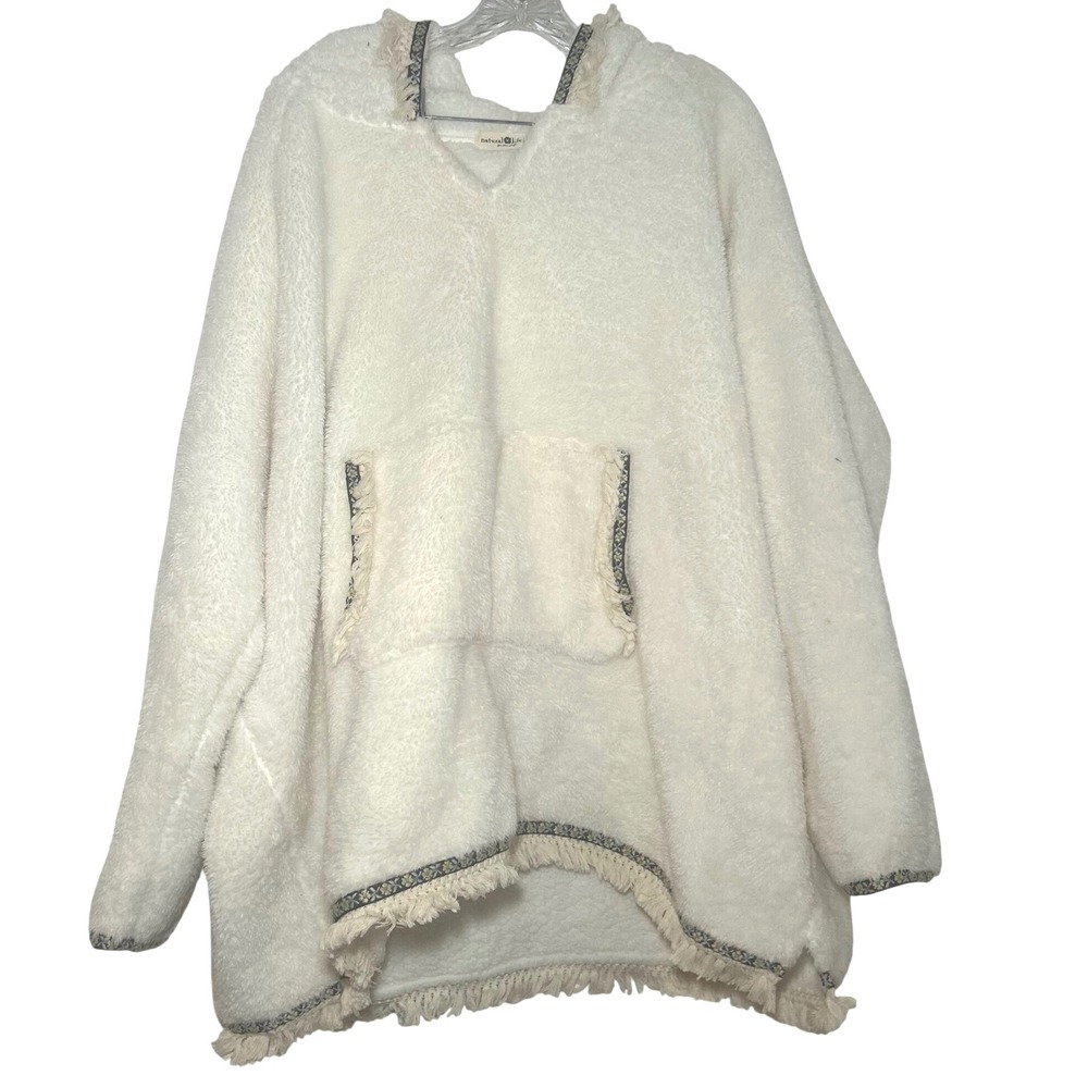 Natural Life Cream Sherpa Fleece Hoodie Boho Fringe Oversized Pullover One Size